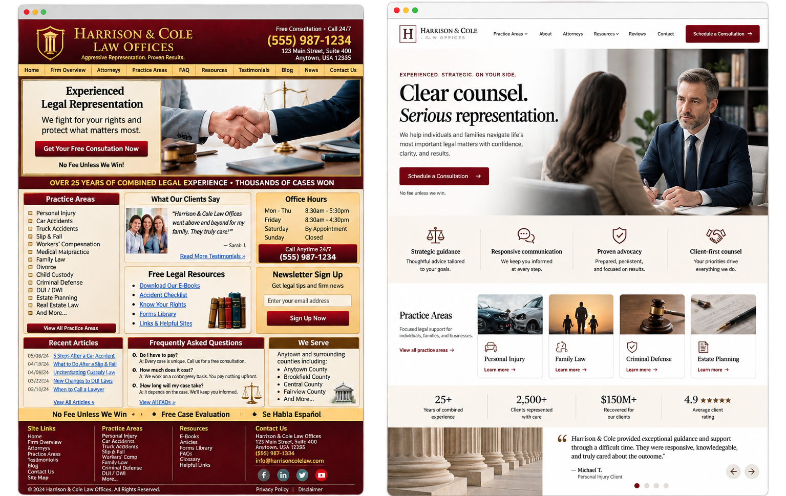 Before and after concept redesign for Harrison and Cole Law Offices